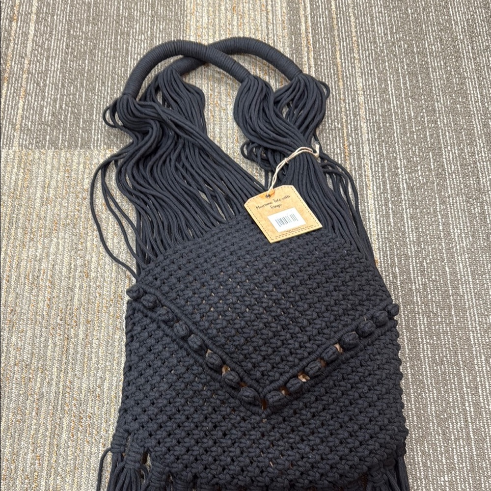 Magid Black Macrame Tote Fringe Shoulder Bag - Picture 3 of 6